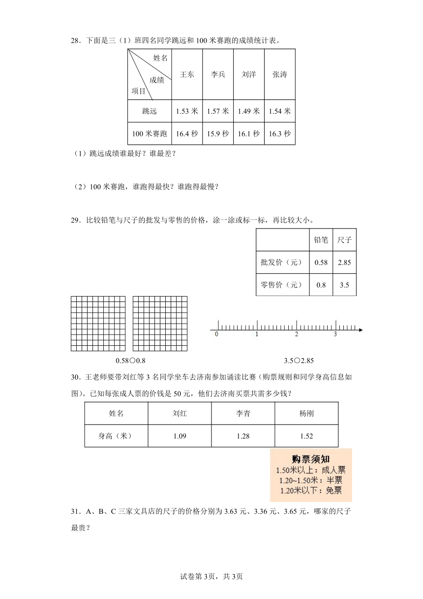 1.比大小同步练习四年级数学下册（北师大版）含答案