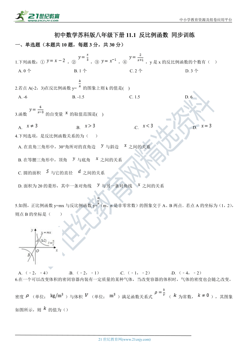 11.1 反比例函数 同步训练（含解析）