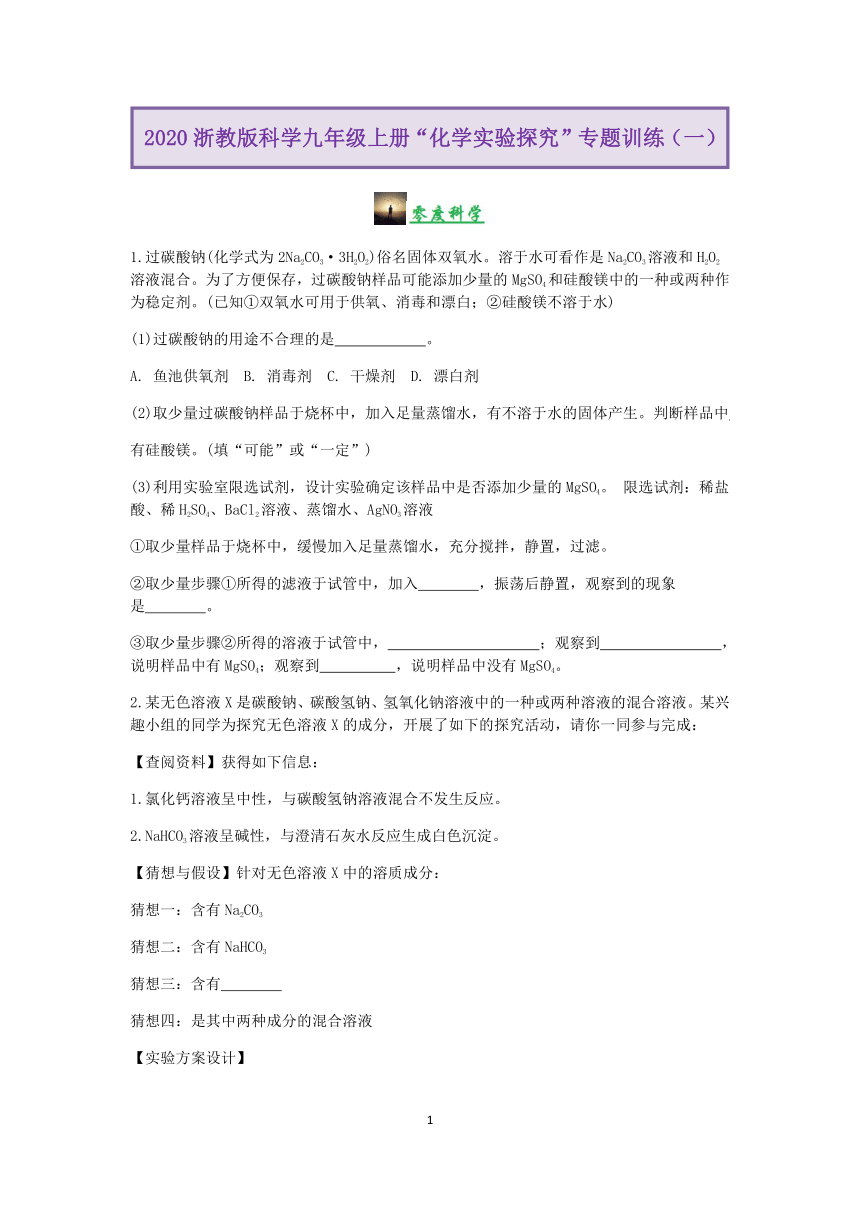 2020浙教版科学九年级上册“化学实验探究”专题训练（一）