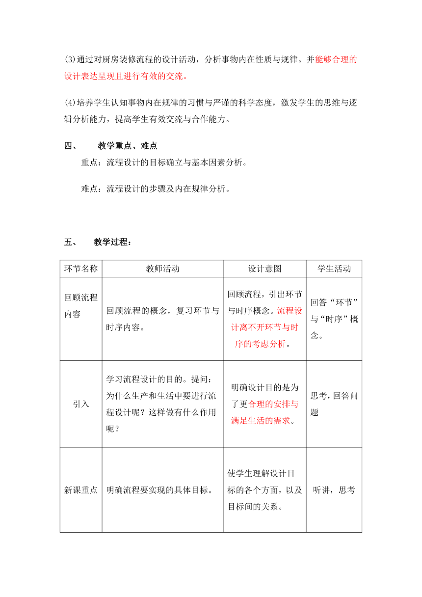 苏教版高中通用技术 必修2 2.2 流程的设计（教案）