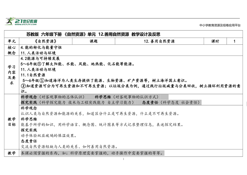 苏教版（2017秋）科学六年级下册 3.12《善用自然资源》 表格式教案（含课堂练习和反思）