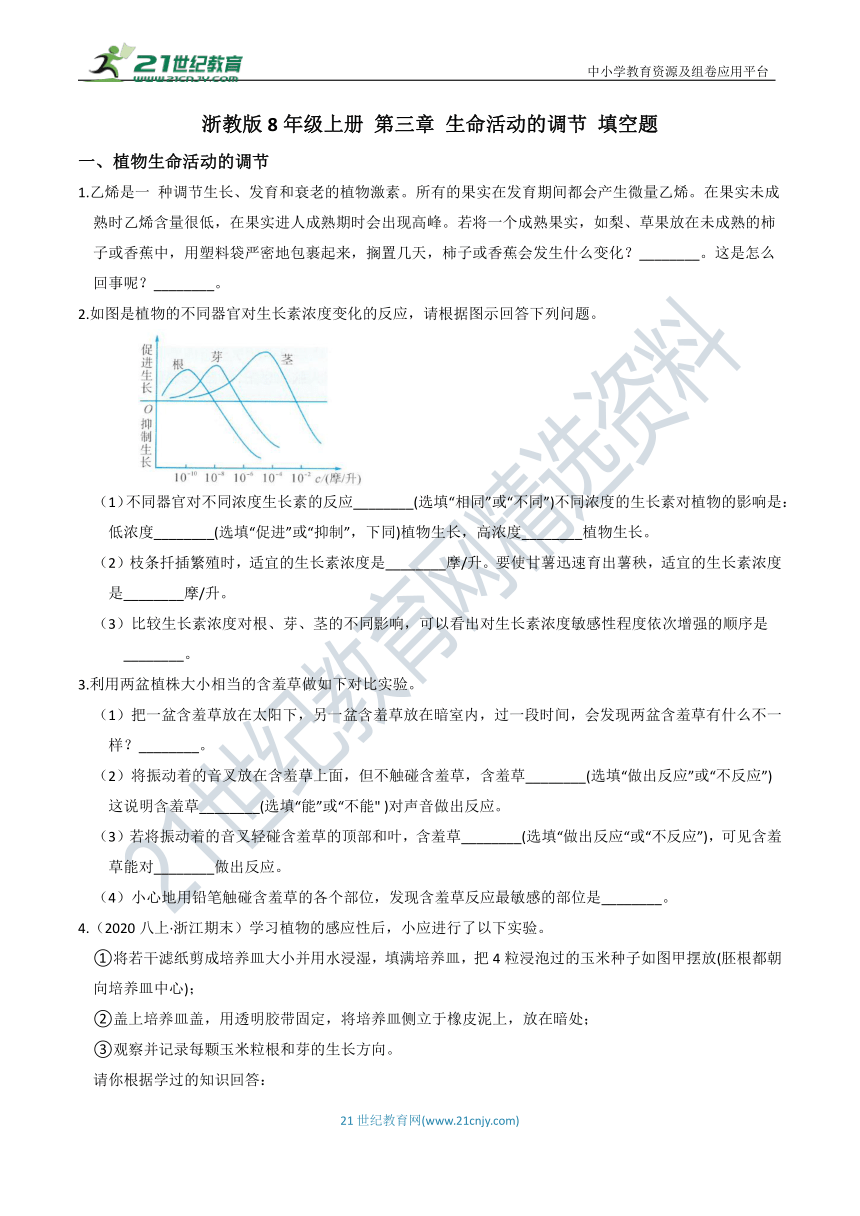 【章末题型分练】8年级上册 第3章 生命活动的调节 填空题（含答案）