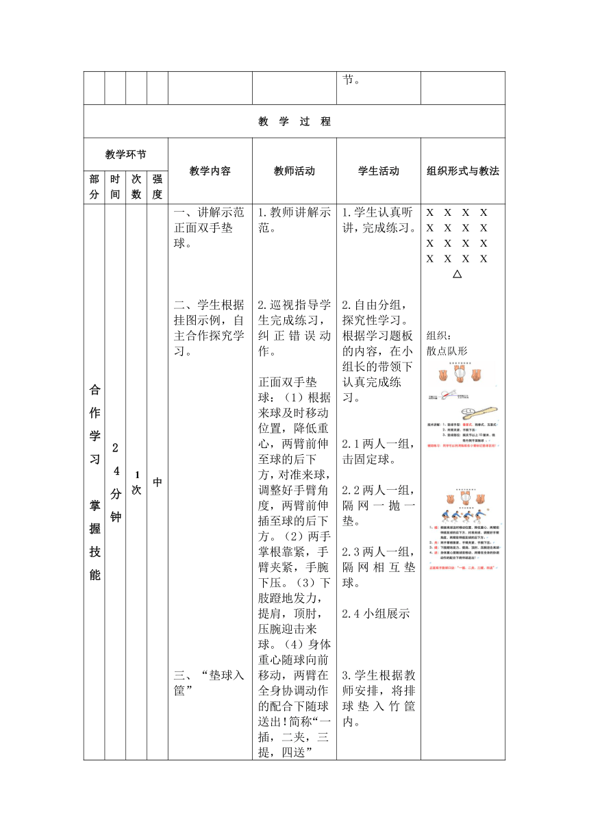 人教版初中体育与健康七年级全一册 第五章　排球——排球正面双手垫球技术　教案 （表格式）