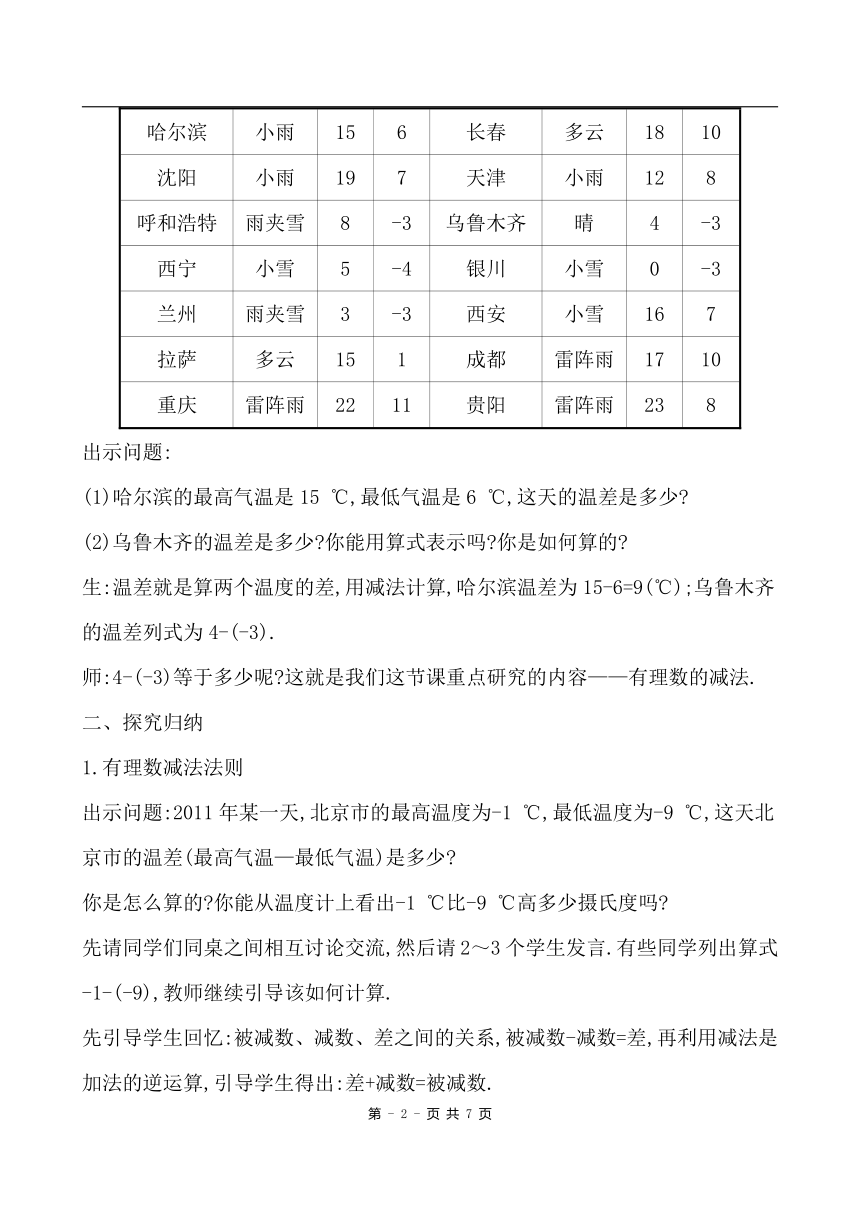 2021-2022 湘教版数学 七年级上册1.4.2 有理数的减法教案