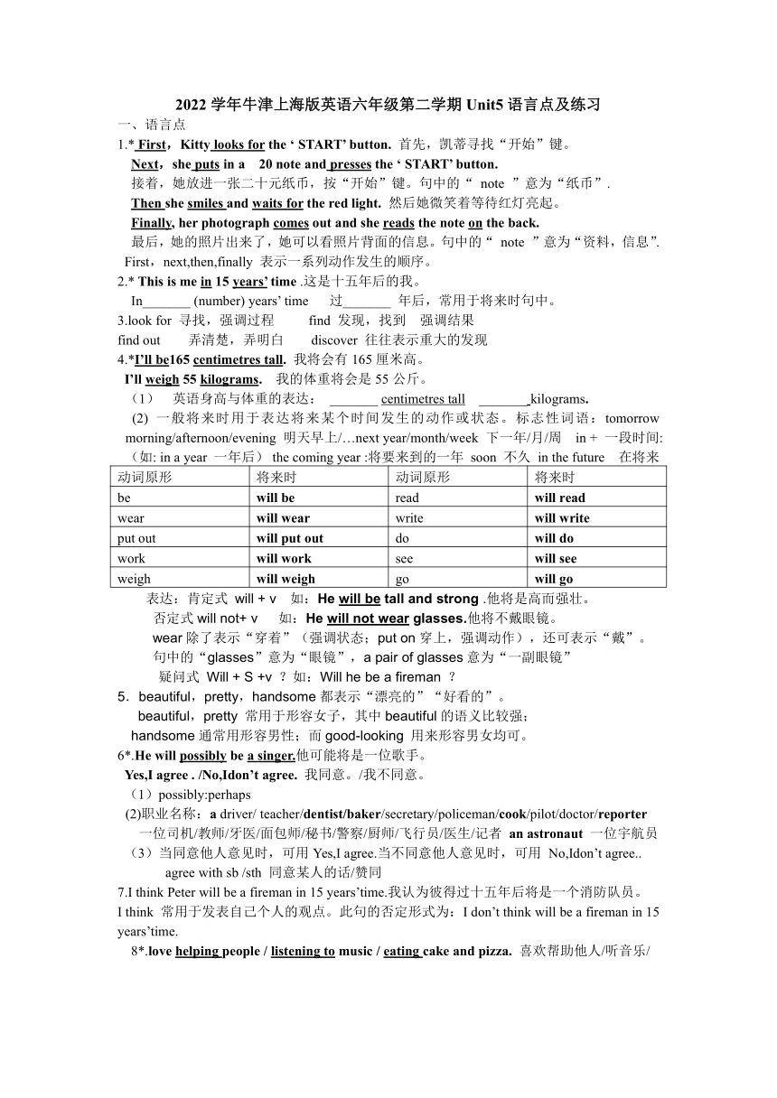 牛津上海六年级下册Module 2 Changes Unit 5 What will I be like?语言点及练习（含答案）