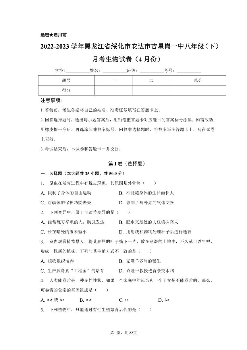 2022-2023学年黑龙江省绥化市安达市吉星岗一中八年级（下）月考生物试卷（4月份）（含解析）