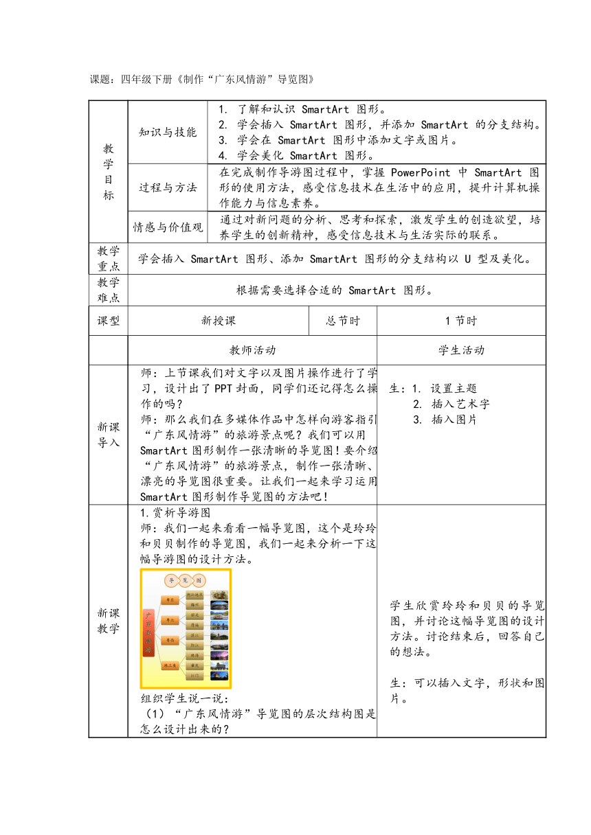 第9课制作“广东风情游”导览图（教案）四年级下册信息技术粤教版（B版）