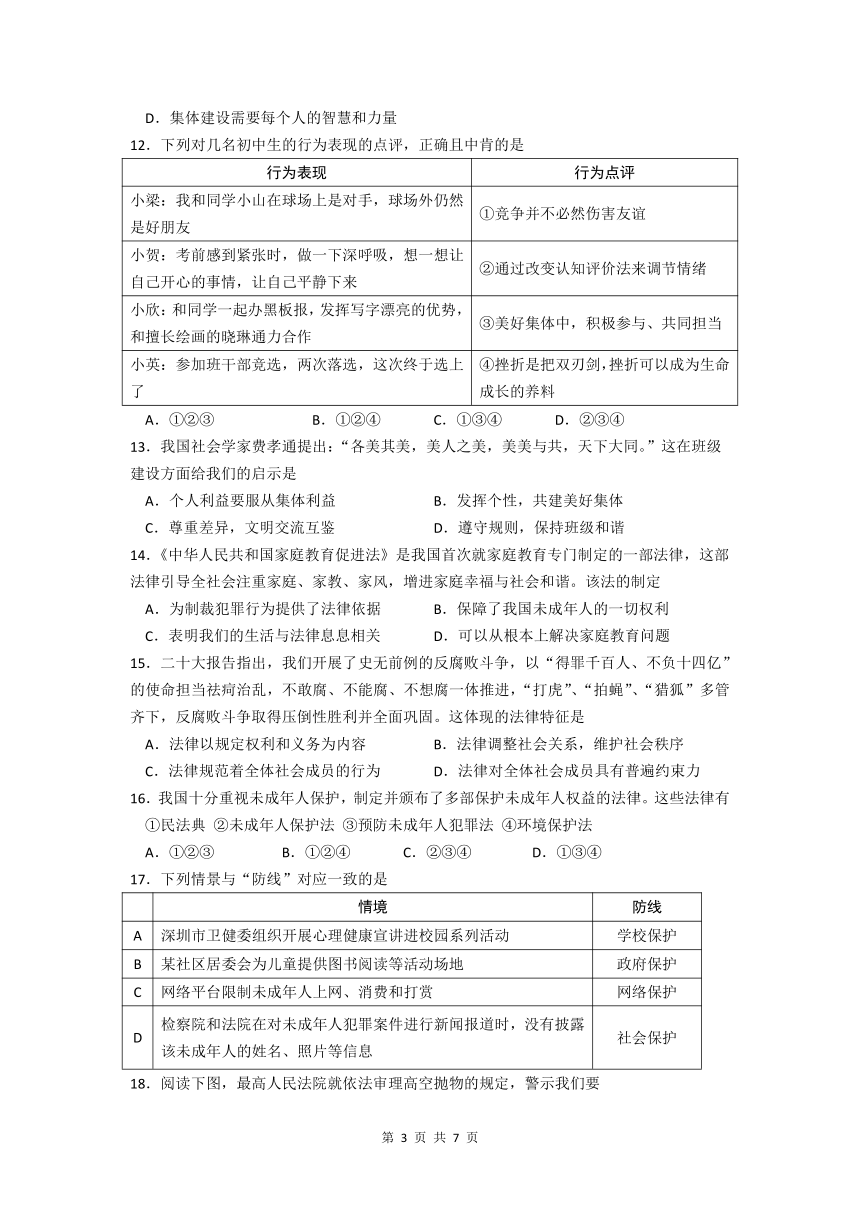 广西河池市宜州区2022-2023学年七年级下学期期末考试道德与法治试题（含答案）