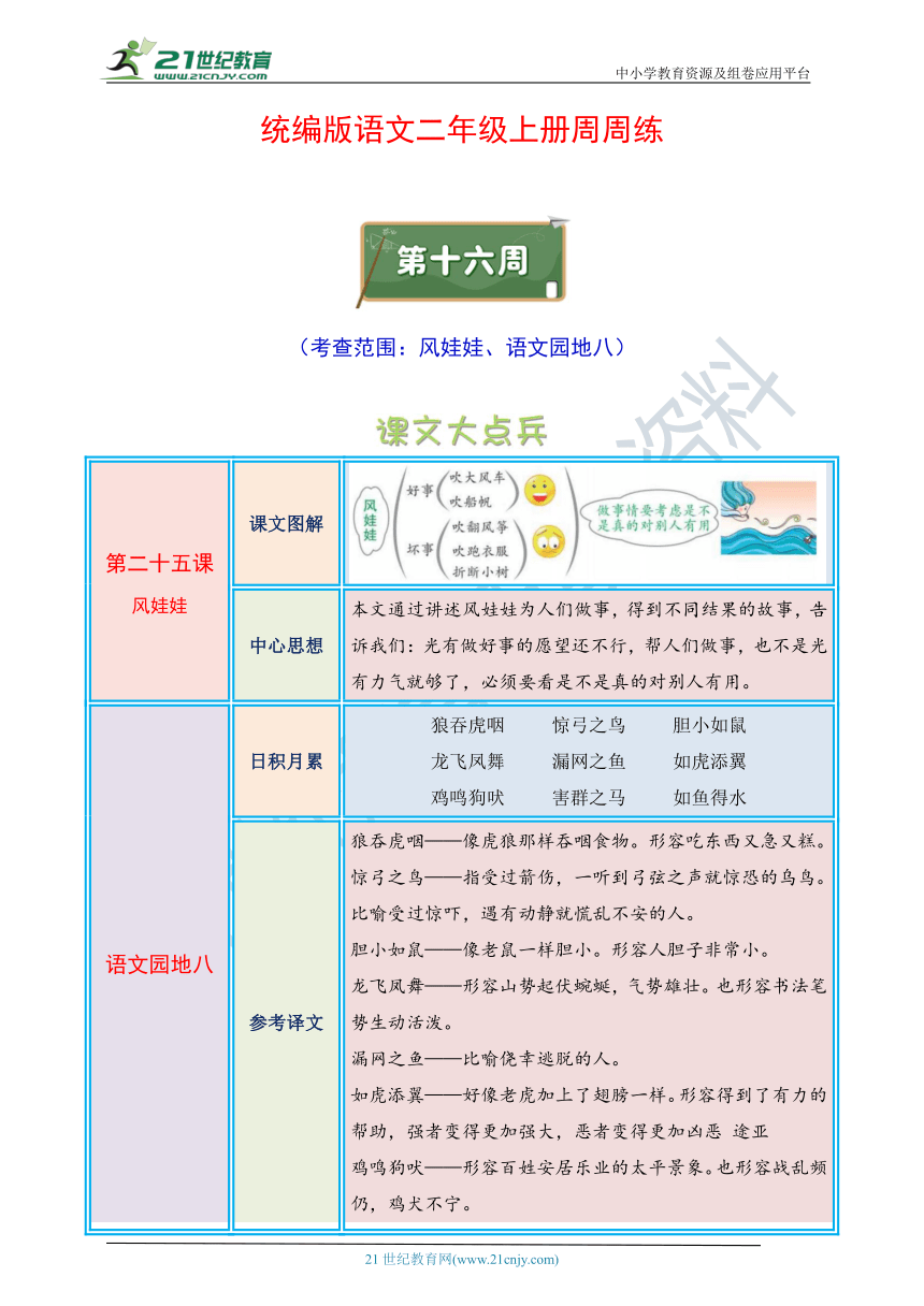 统编版语文二年级上册周周练 第16周（风娃娃、语文园地八）（含答案）