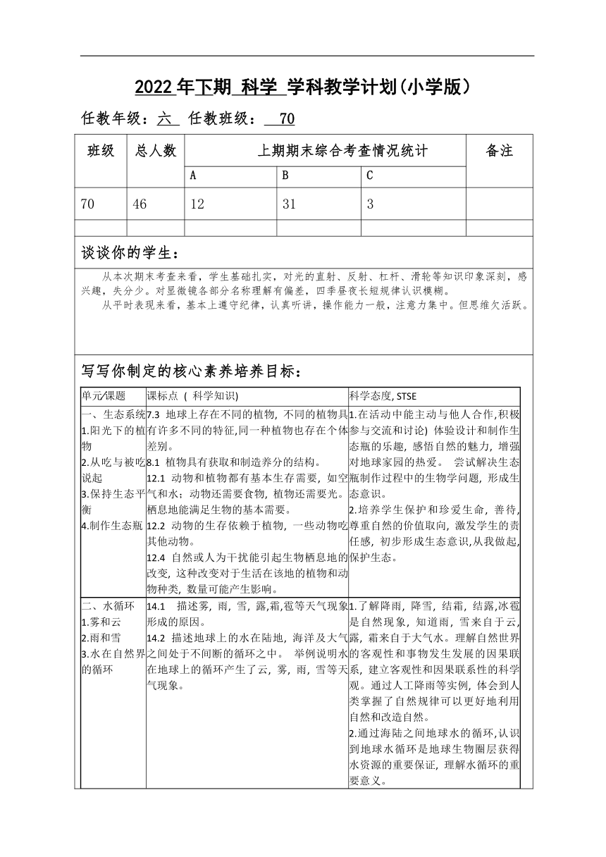 2022湘科版（2017秋）小学科学六年级上册教学计划