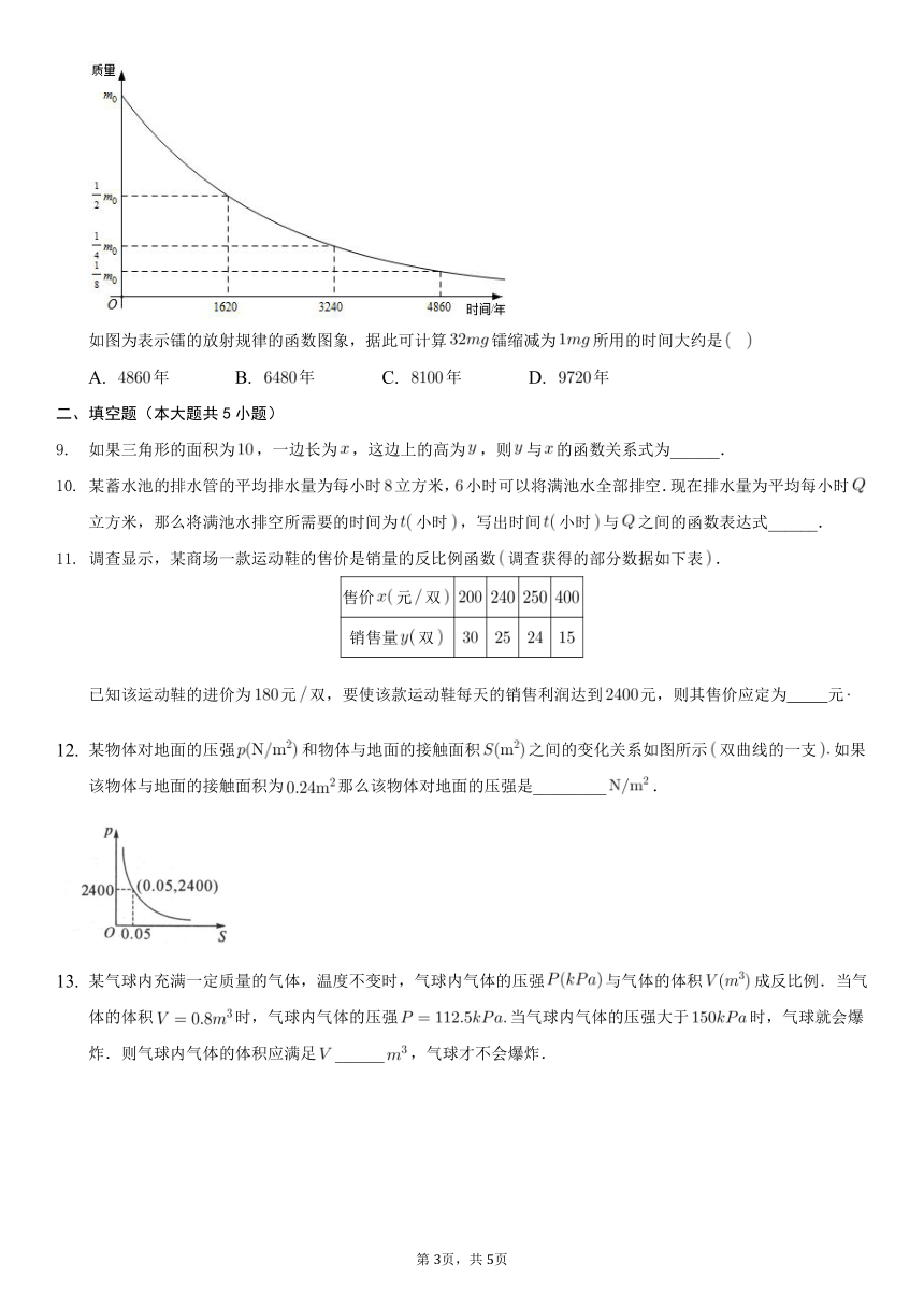 人教版 2020-2021学年九年级数学下册26.2 实际问题与反比例函数 同步练习（word版、含答案）