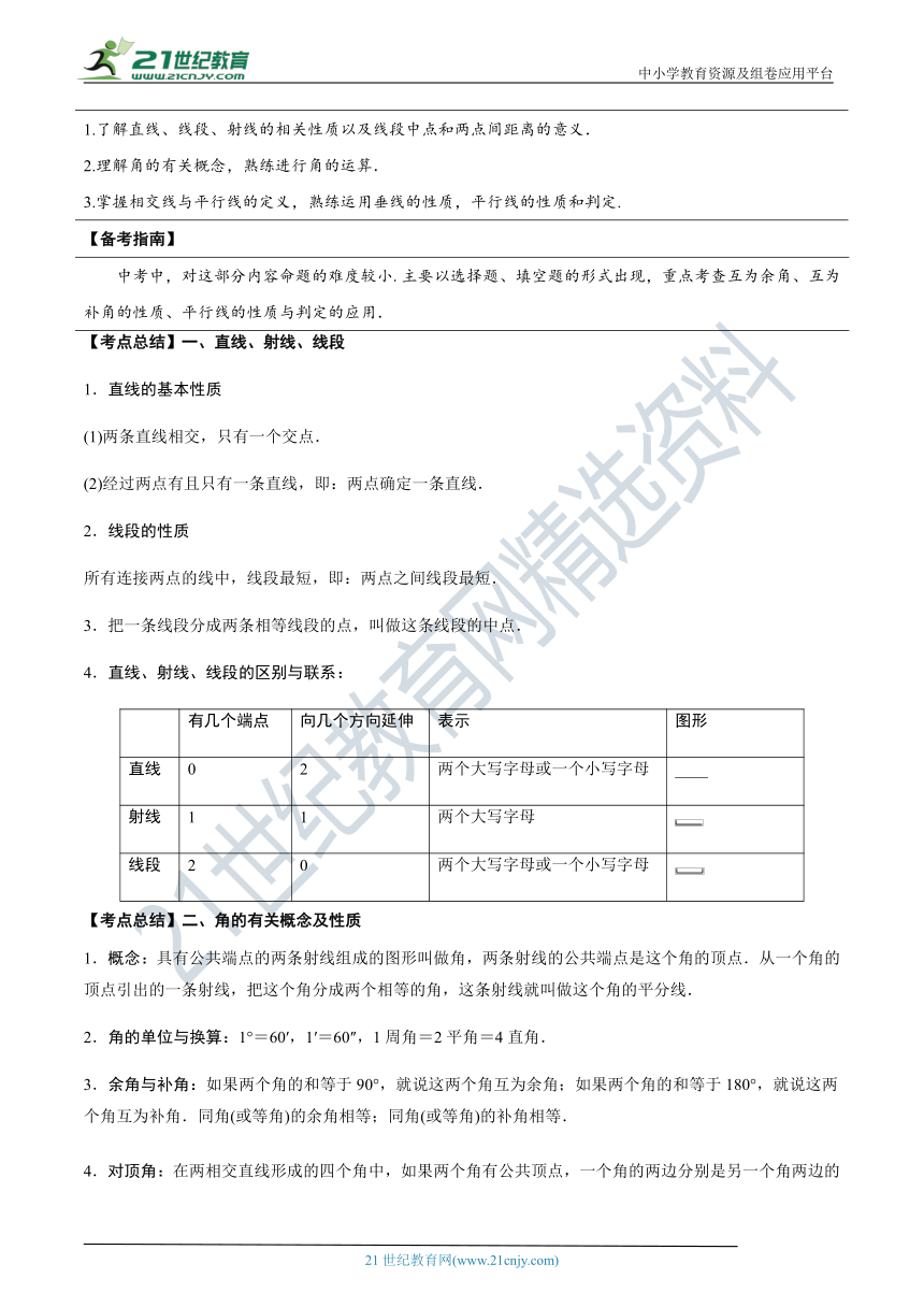 【中考数学培优复习考点专题突破】专题11 几何初步及相交线平行线(考点讲解)（含解析）