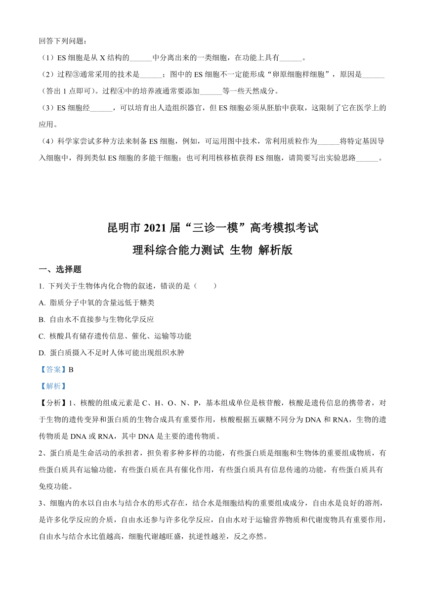 云南省昆明市2021届高三下学期5月“三诊一模”模拟考试（三模）理综生物试题    答案含解析