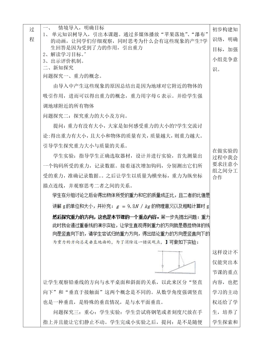 人教版八年级第7章力第3节重力  教案（表格式）