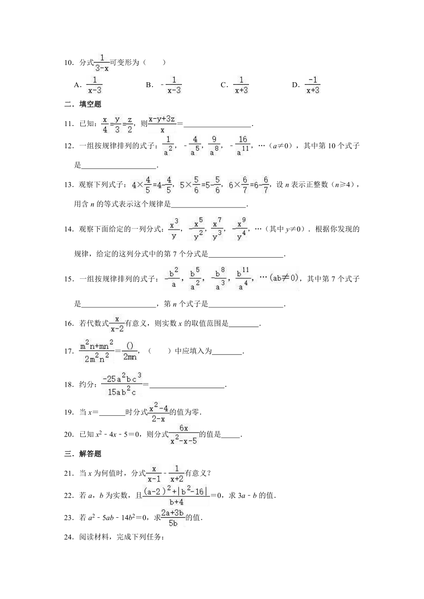 2021-2022学年沪教新版七年级上册数学《第10章 分式》单元测试卷（word版含解析）