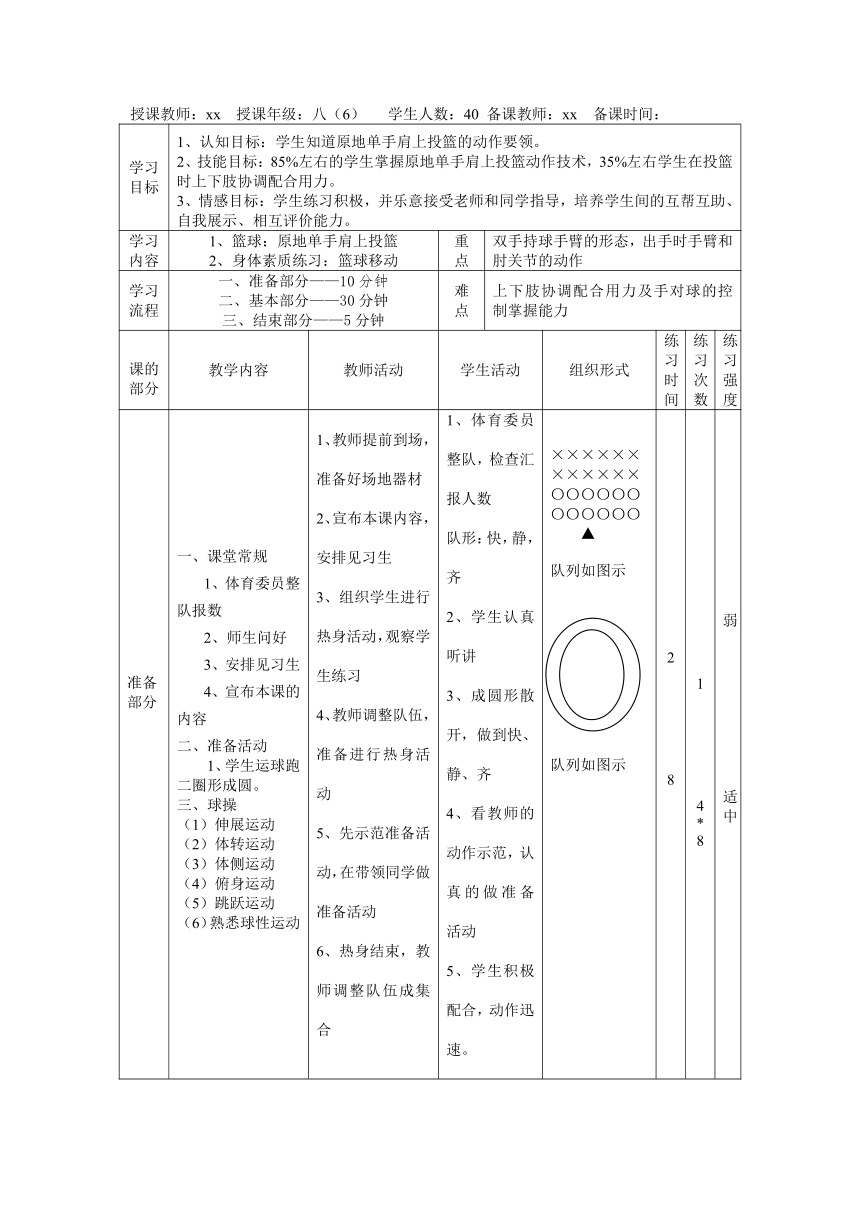 第四章篮球——篮球原地单手肩上投篮　教学设计　2022—2023学年人教版初中体育与健康八年级上册