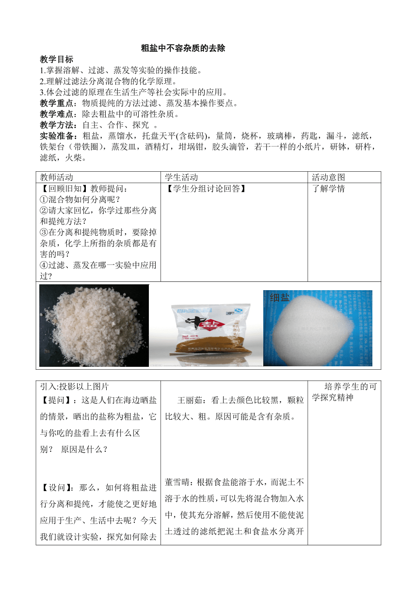 鲁教版九年级化学下册 第八单元 到实验室去：粗盐中难溶性杂质的去除教案（表格式）