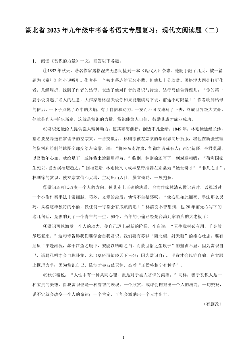 湖北省2023年九年级中考备考语文专题复习：现代文阅读题（二）（含解析）