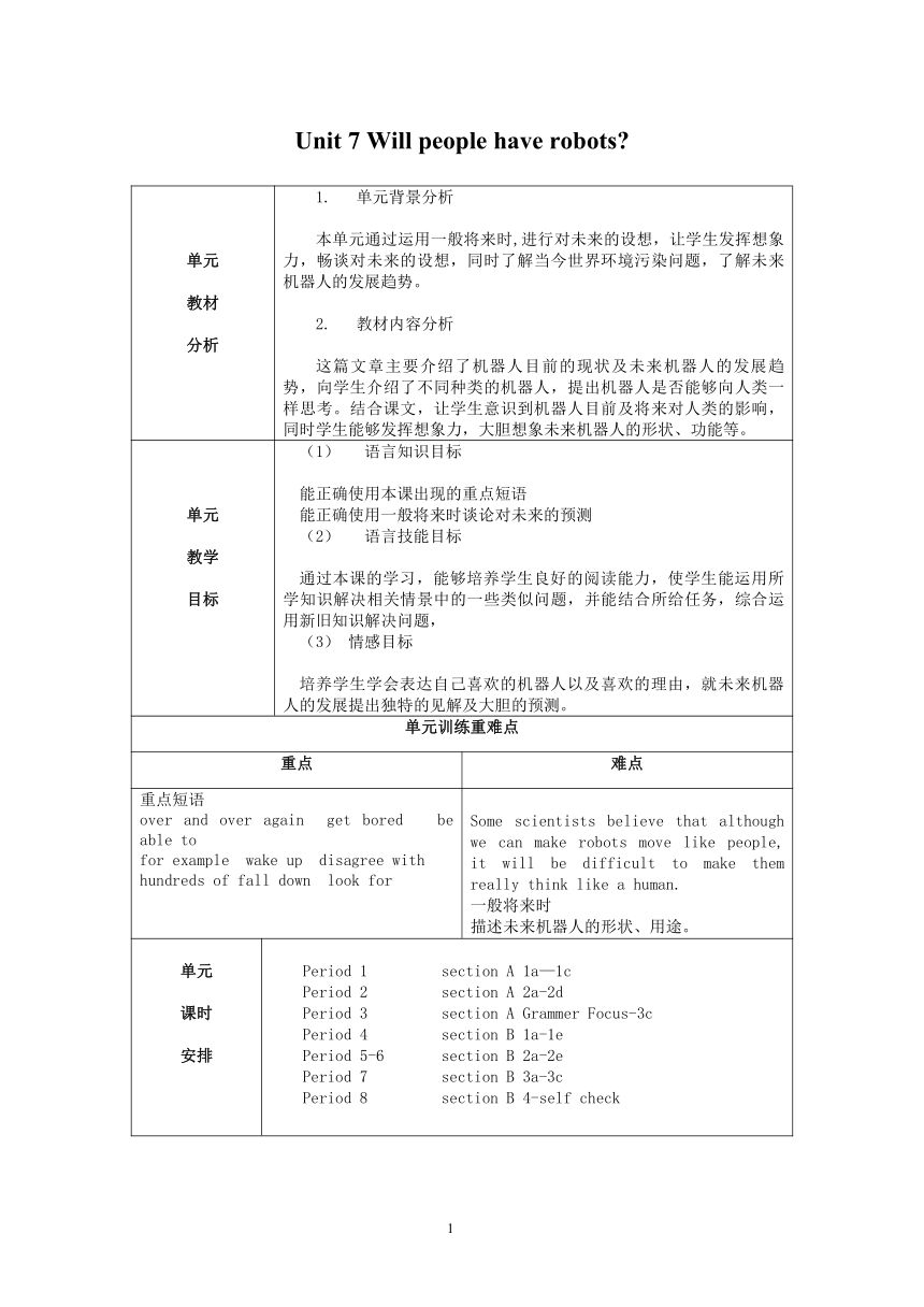 Unit 7 Will people have robots? 单元表格式教案（8课时）