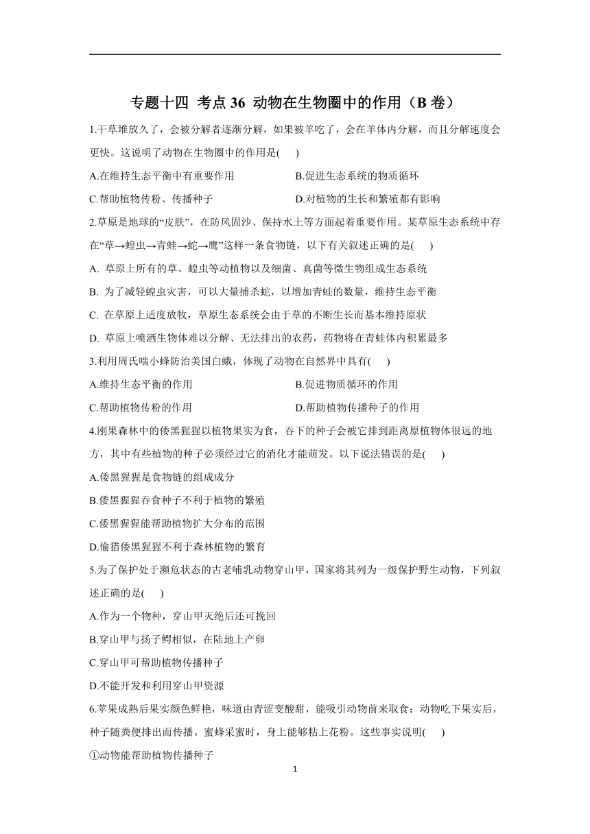 2023年中考生物（人教版）一轮复习高频考点练习：专题十四 考点36 动物在生物圈中的作用（B卷）（含解析）