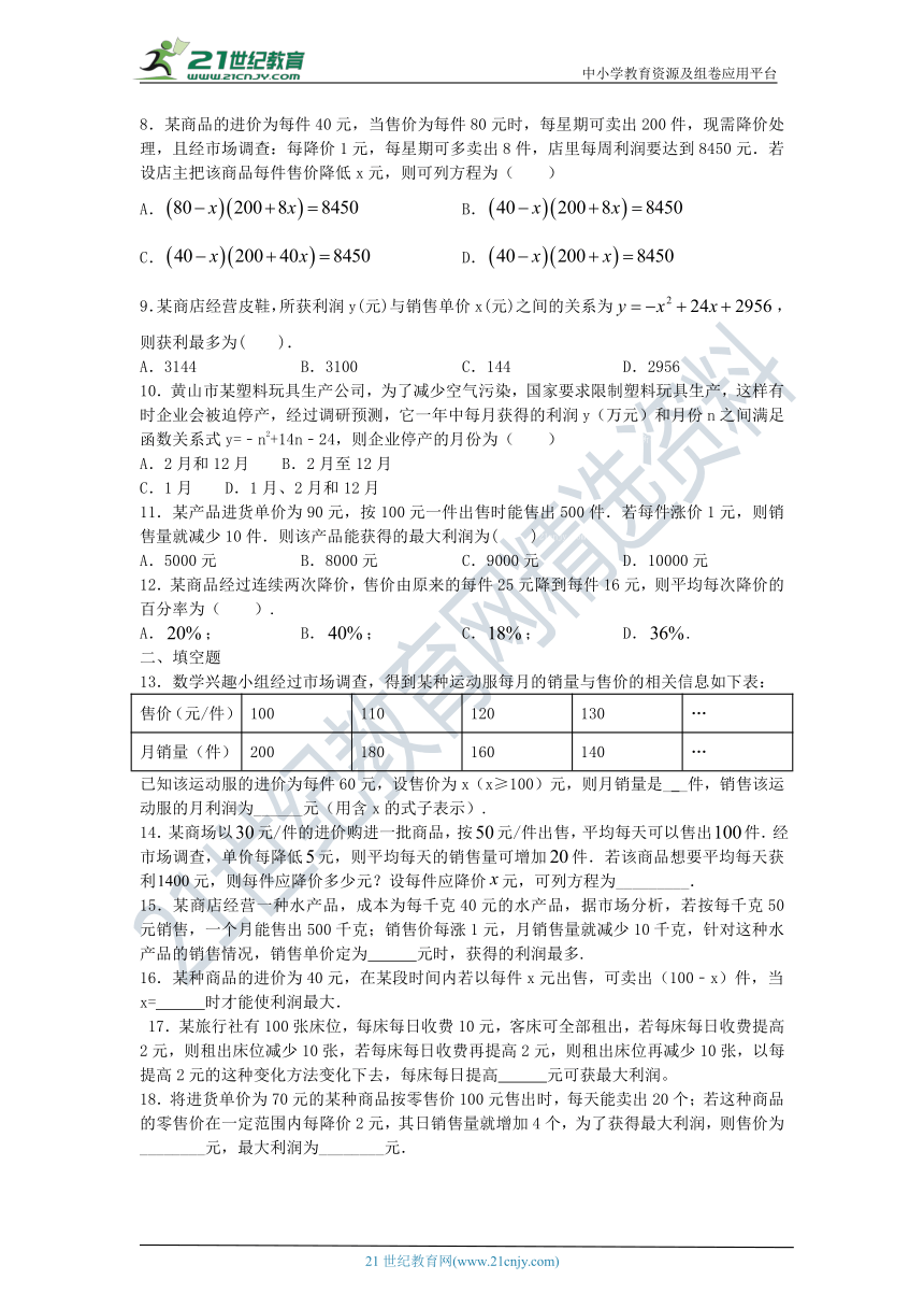 22.3.2  实际问题与二次函数（销售最大利润问题） 同步跟踪测试（含答案）