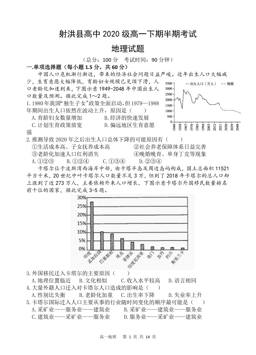 四川省遂宁市射洪县高中2020-2021学年高一下学期期中考试地理试题 Word版含答案