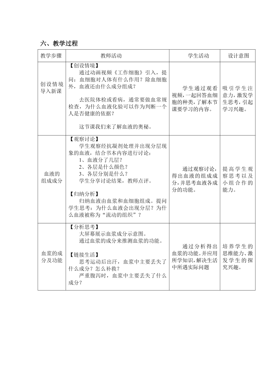 2021--2022学年人教版生物七年级下册 4.4.1流动的组织——血液 教案（表格式）