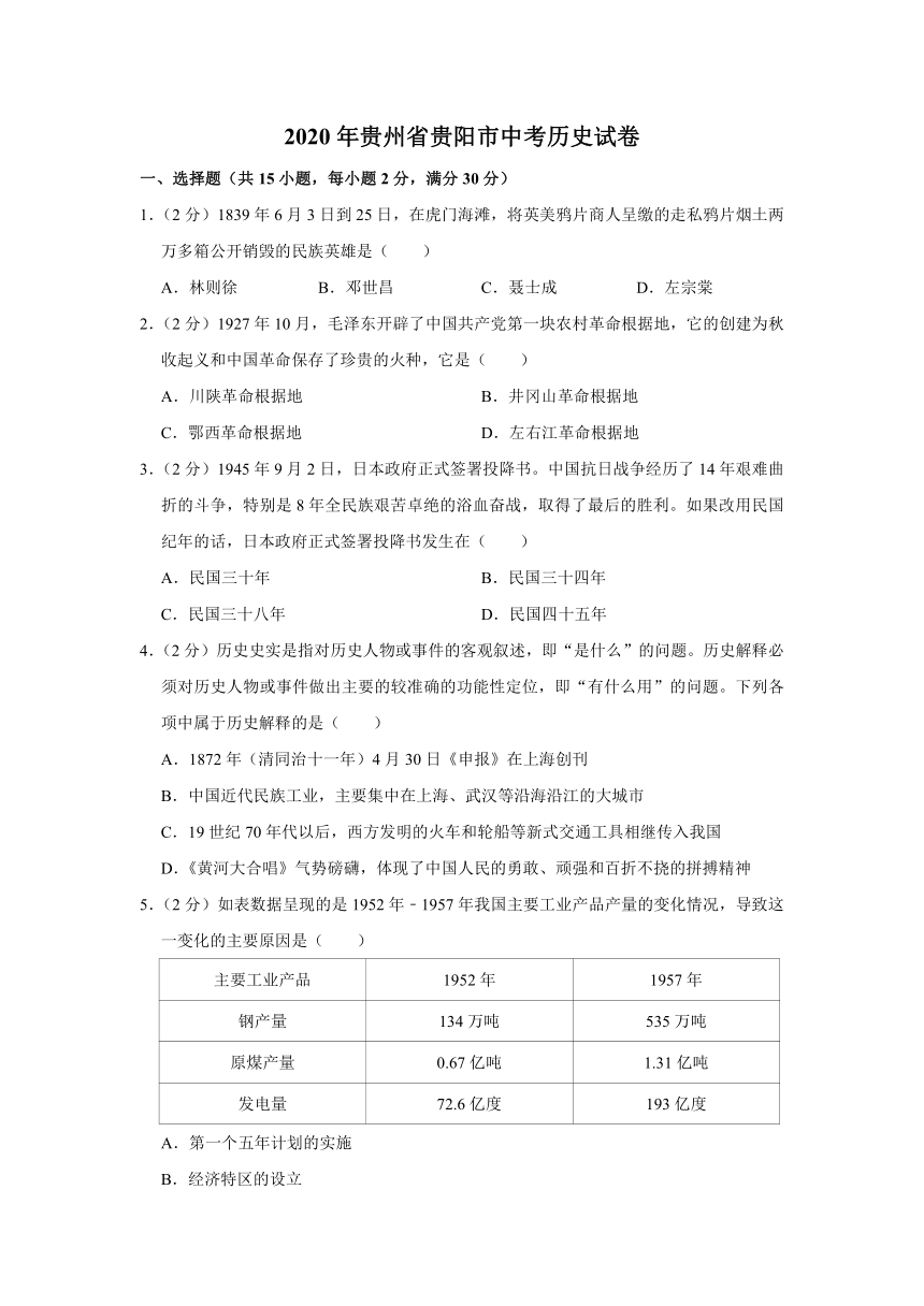 2020年贵州省贵阳市中考历史试卷（word版，含解析）