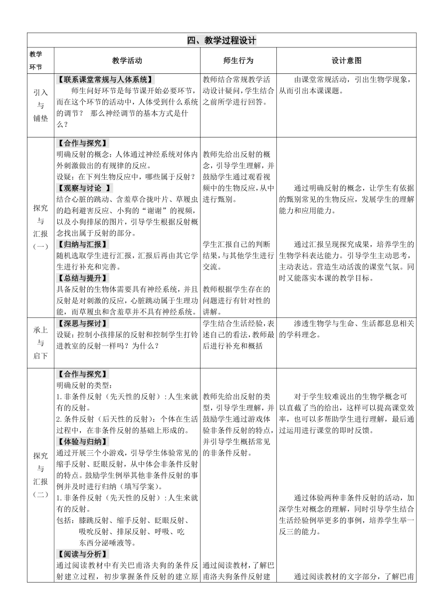 沪教版生物八年级第一册2.1.3神经调节的基本方式-反射教案 （表格式）