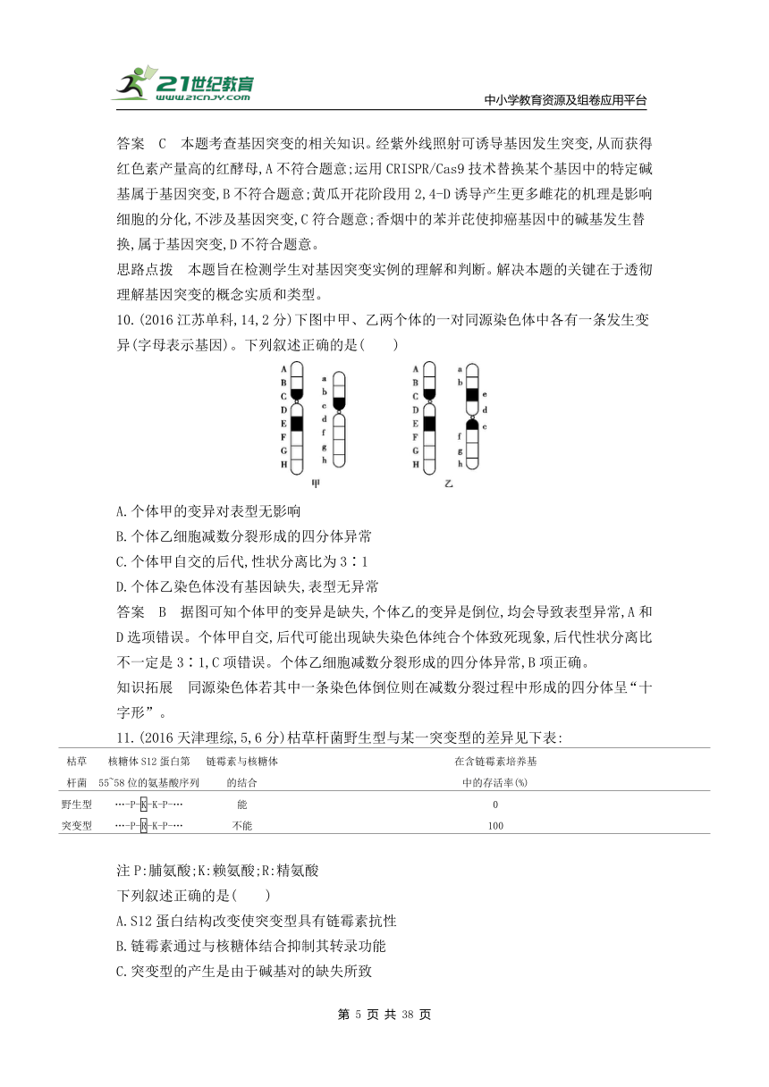 新人教一轮复习-10年真题分类训练：专题14 生物的变异（Word版含解析）