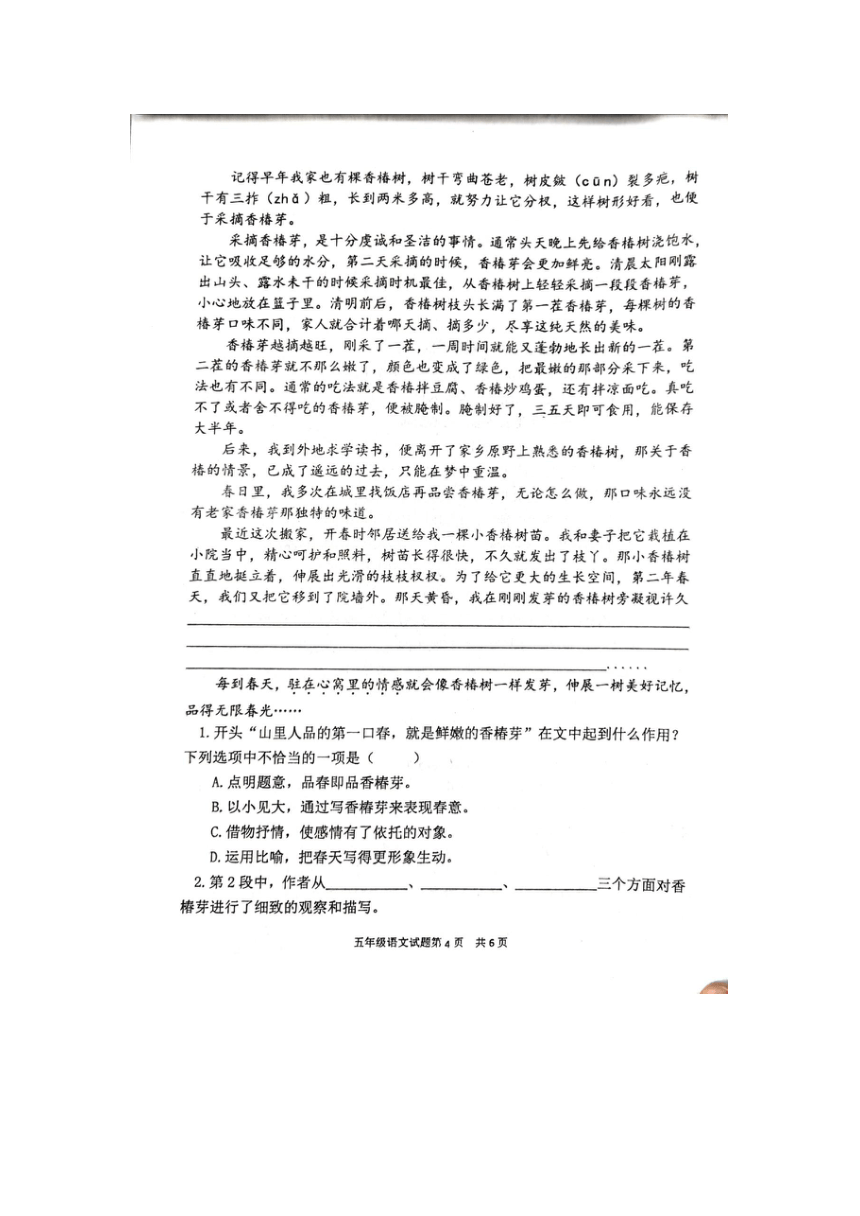 山东省临沂市罗庄区2023-2024学年五年级下学期4月期中语文试题（图片版，含答案）