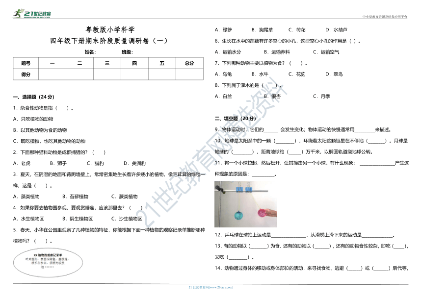 粤教版小学科学四年级下册期末阶段质量调研卷（一）（含答案）