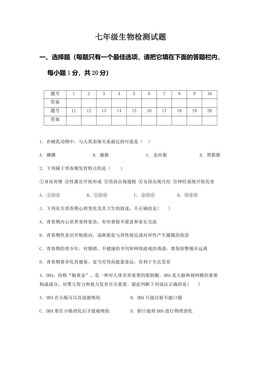 安徽省亳州市高炉学校2022-2023学年七年级下学期月考生物试卷（含答案）