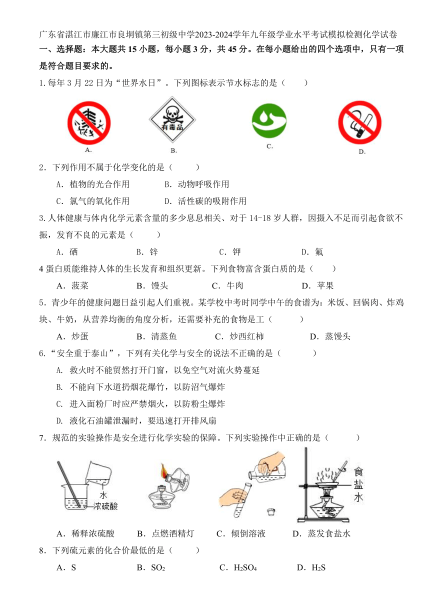 广东省湛江市廉江市良垌镇第三初级中学2023-2024学年九年级学业水平考试模拟检测化学试卷（含答案）