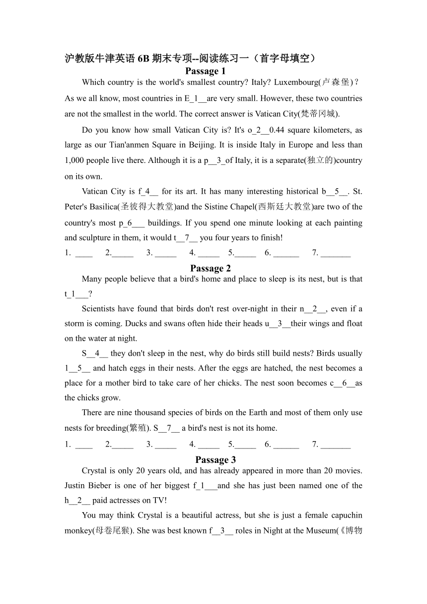 期末专项--阅读练习一2021-2022学年牛津上海版六年级英语下册（word版，含答案）