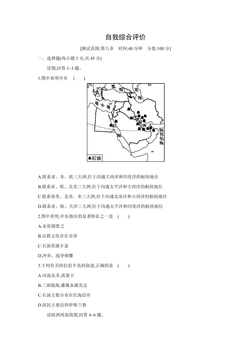 人教版地理七年级下册同步练习  第八章　东半球其他的地区和国家  自我综合评价 （Word版附部分解析）