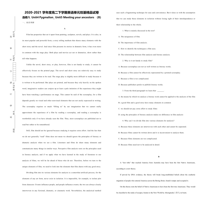 2020-2021学年度高二下学期英语单元双基精品试卷   选修八 Unit4 Pygmalion_ Unit5 Meeting your ancestors(B）（含答案）