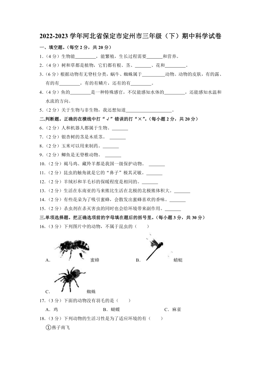 河北省保定市定州市2022-2023学年三年级下学期期中科学试卷（含解析）