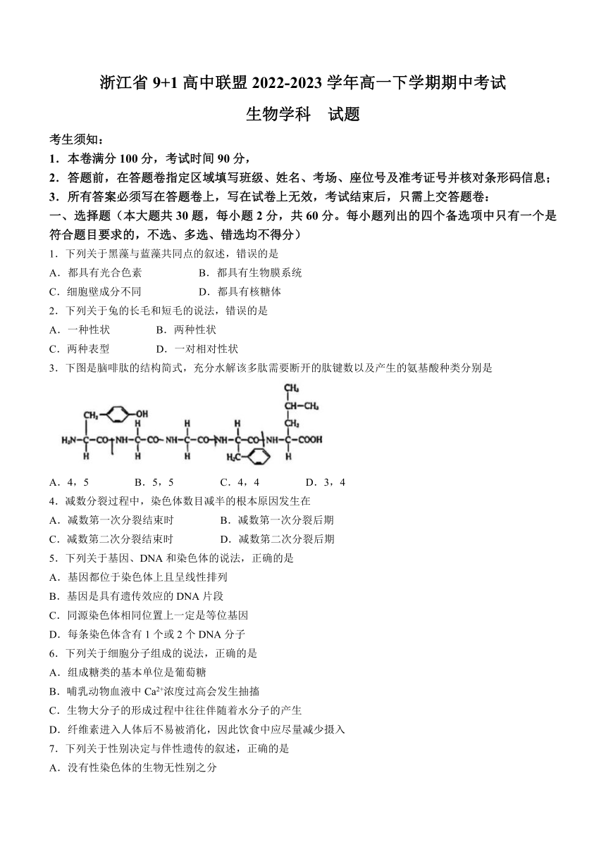 浙江省9+1高中联盟2022-2023学年高一下学期期中考试生物学试题（Word版含解析）