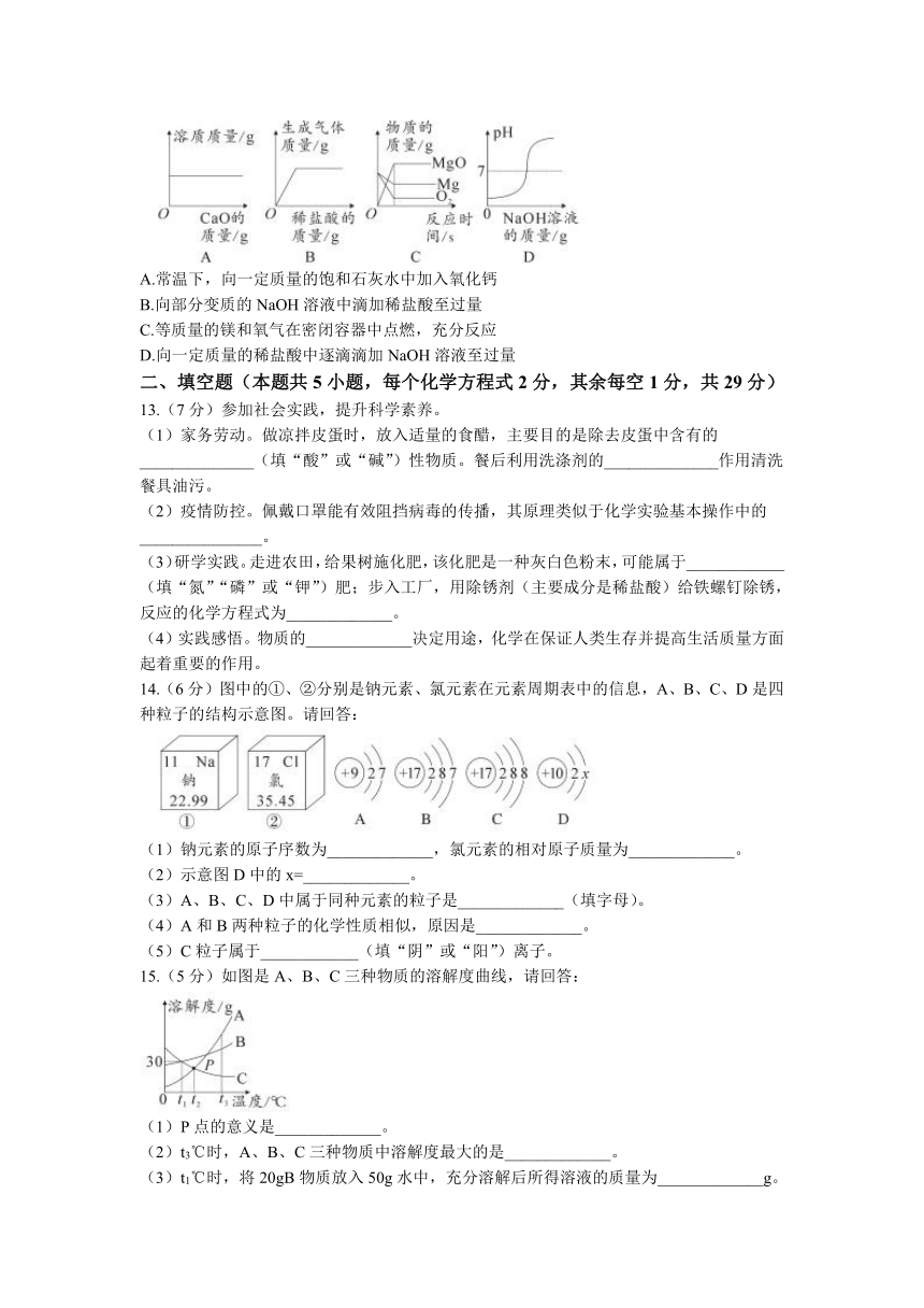 2023年湖南道永州市道县中考模拟化学试题（word   含答案）