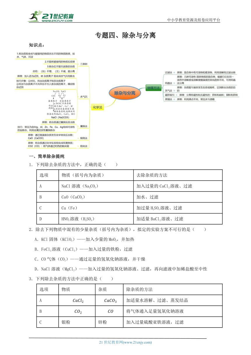 浙教版九上第一章专题四 除杂与分离（含解析）