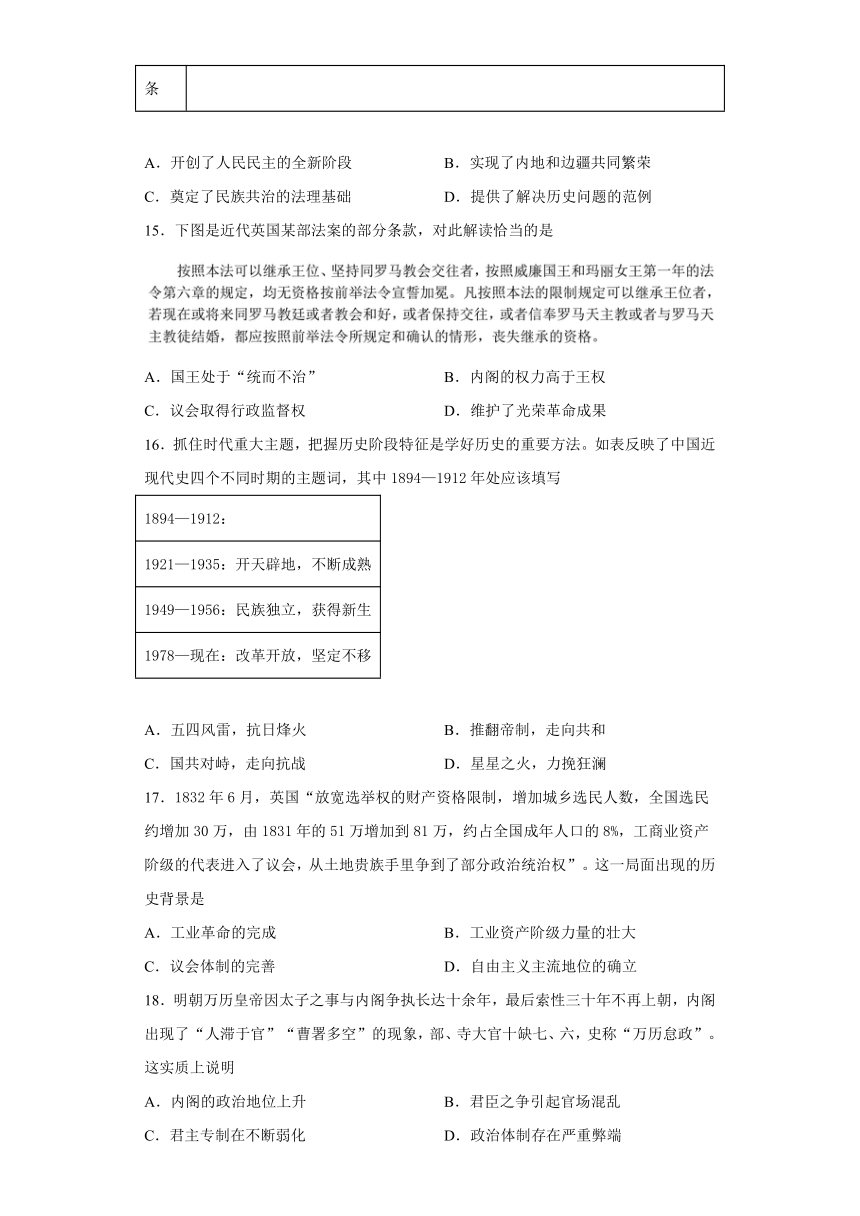 新疆疏附县2021-2022学年高二上学期第二次月考历史试题(word版含答案）