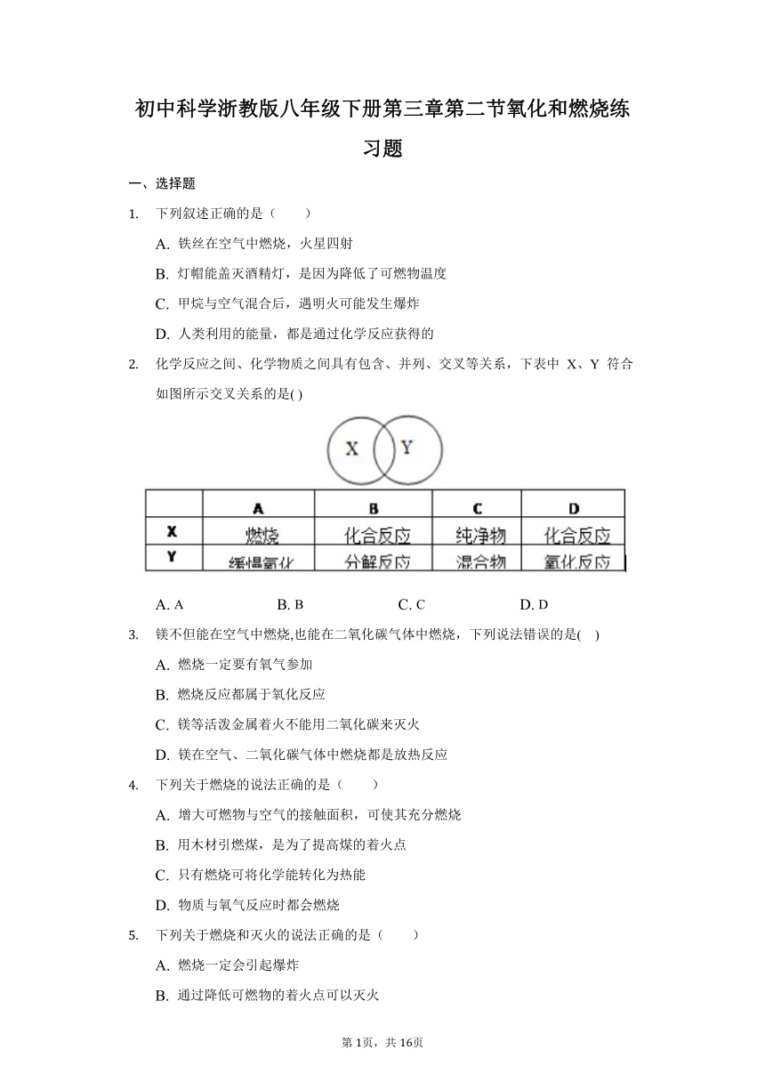 初中科学浙教版八年级下册第三章 第2节 氧化和燃烧 练习题-普通用卷