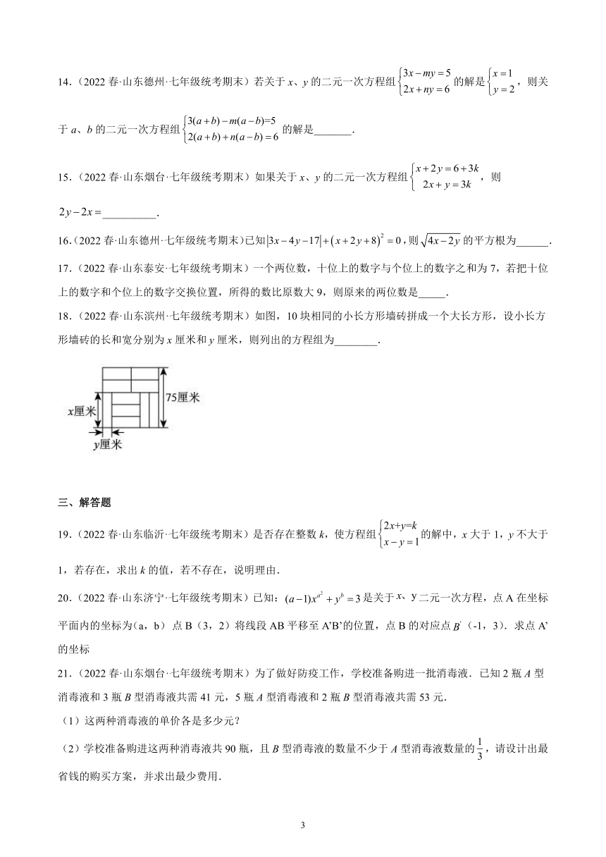 第八章：二元一次方程组 练习题（含解析）2021-2022学年山东省七年级下学期人教版数学期末试题选编