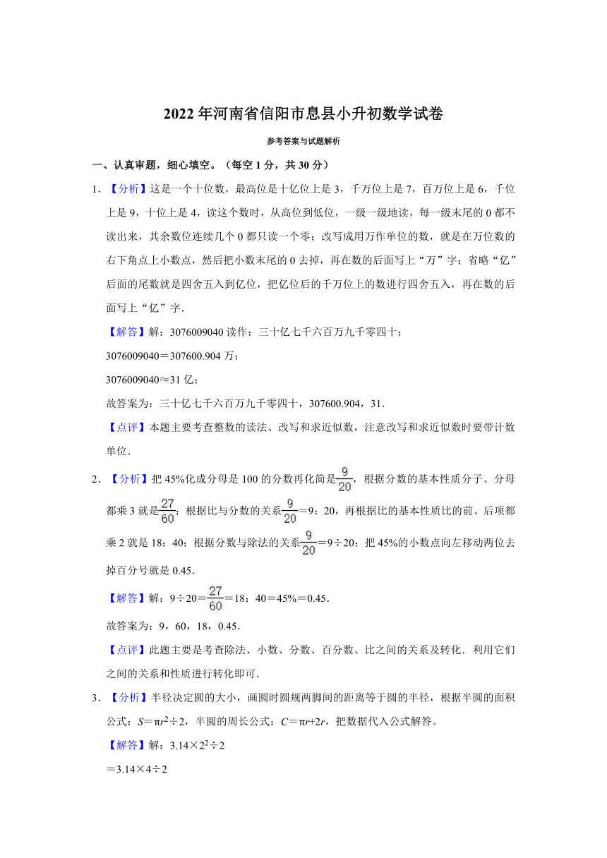 2022年河南省信阳市息县小升初数学试卷 人教版（含答案）