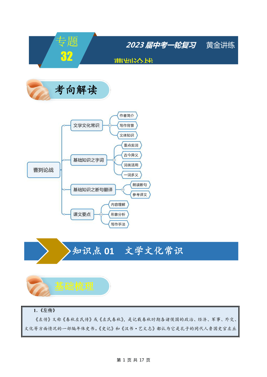 2023届中考一轮复习   黄金讲练专题32：《曹刿论战》精讲（含解析）