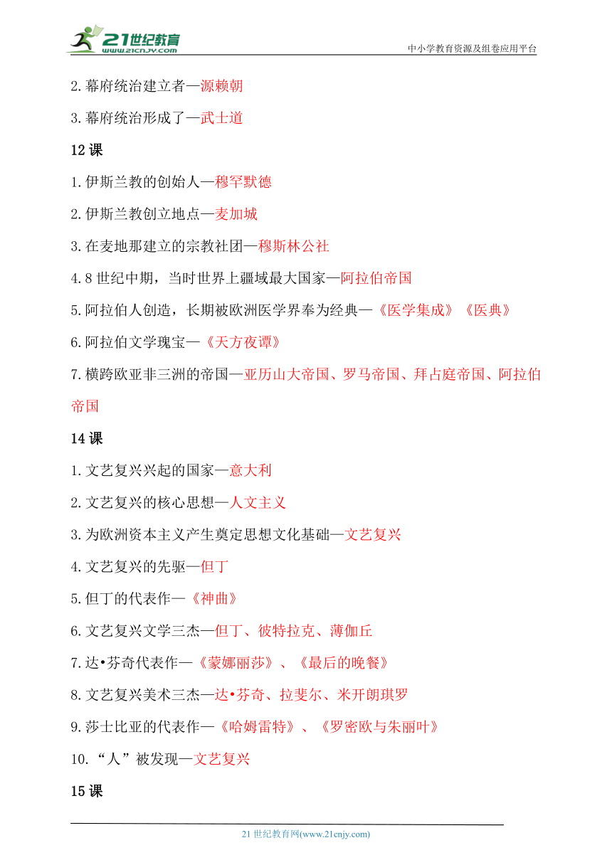 2024年中考（历史）九上复习知识点