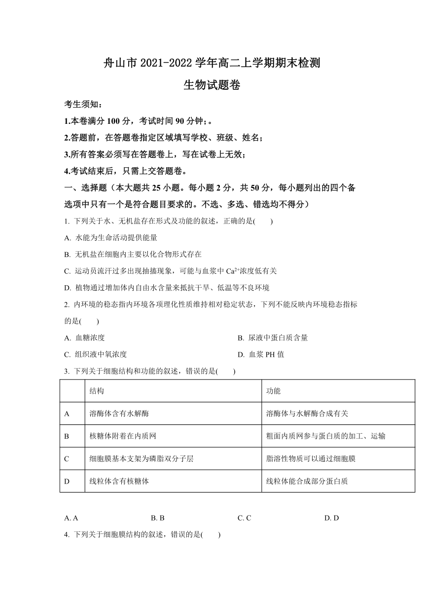 浙江省舟山市2021-2022学年高二上学期期末检测生物试题（Word版含答案）