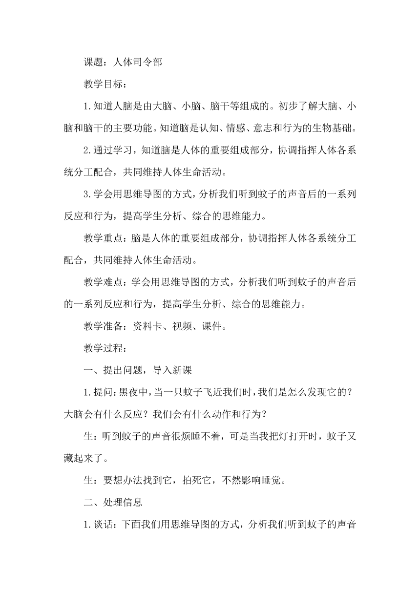 大象版（2017秋） 五年级上册2.3人体司令部  教案