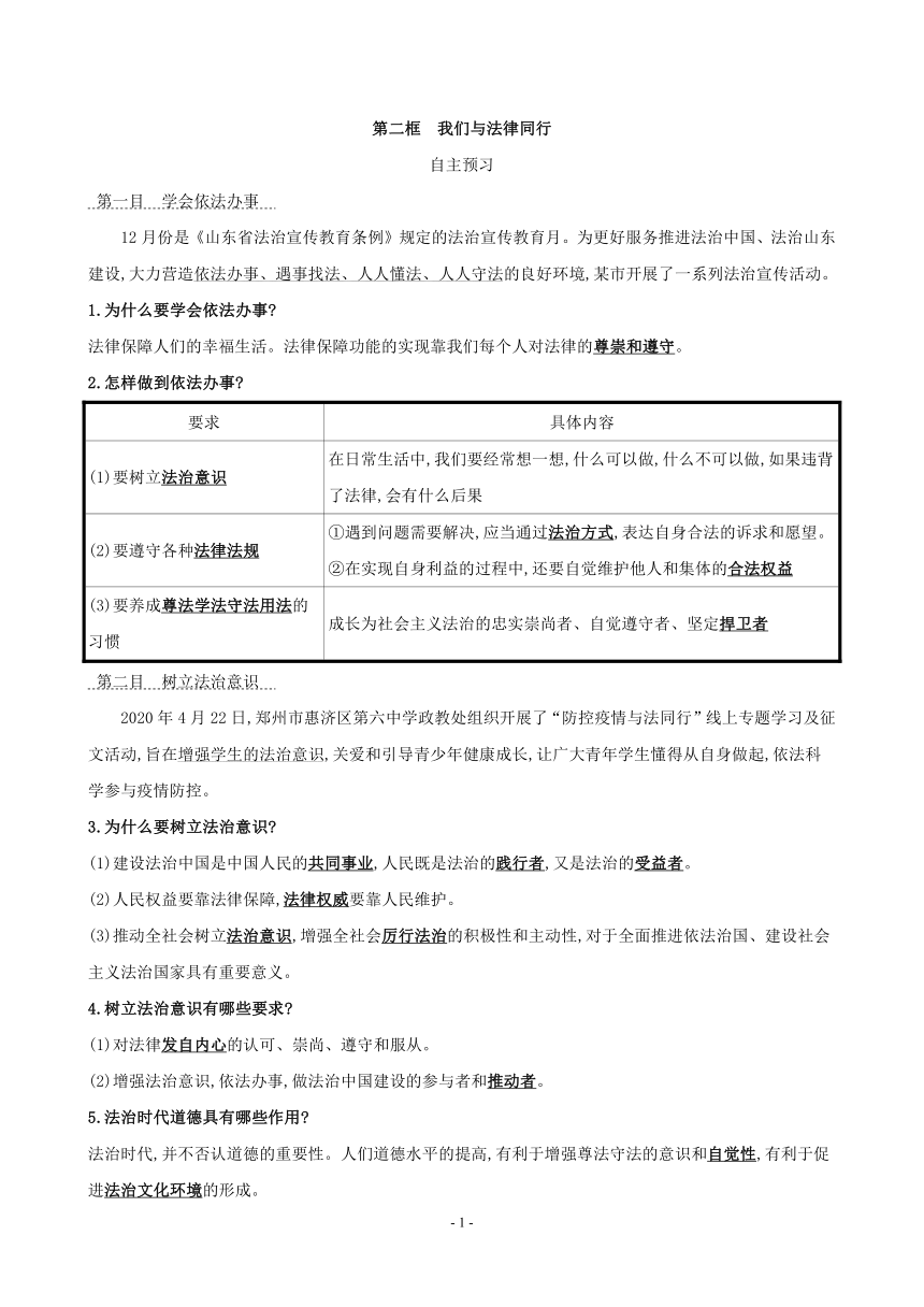 10.2 我们与法律同行 课时学案（含答案）